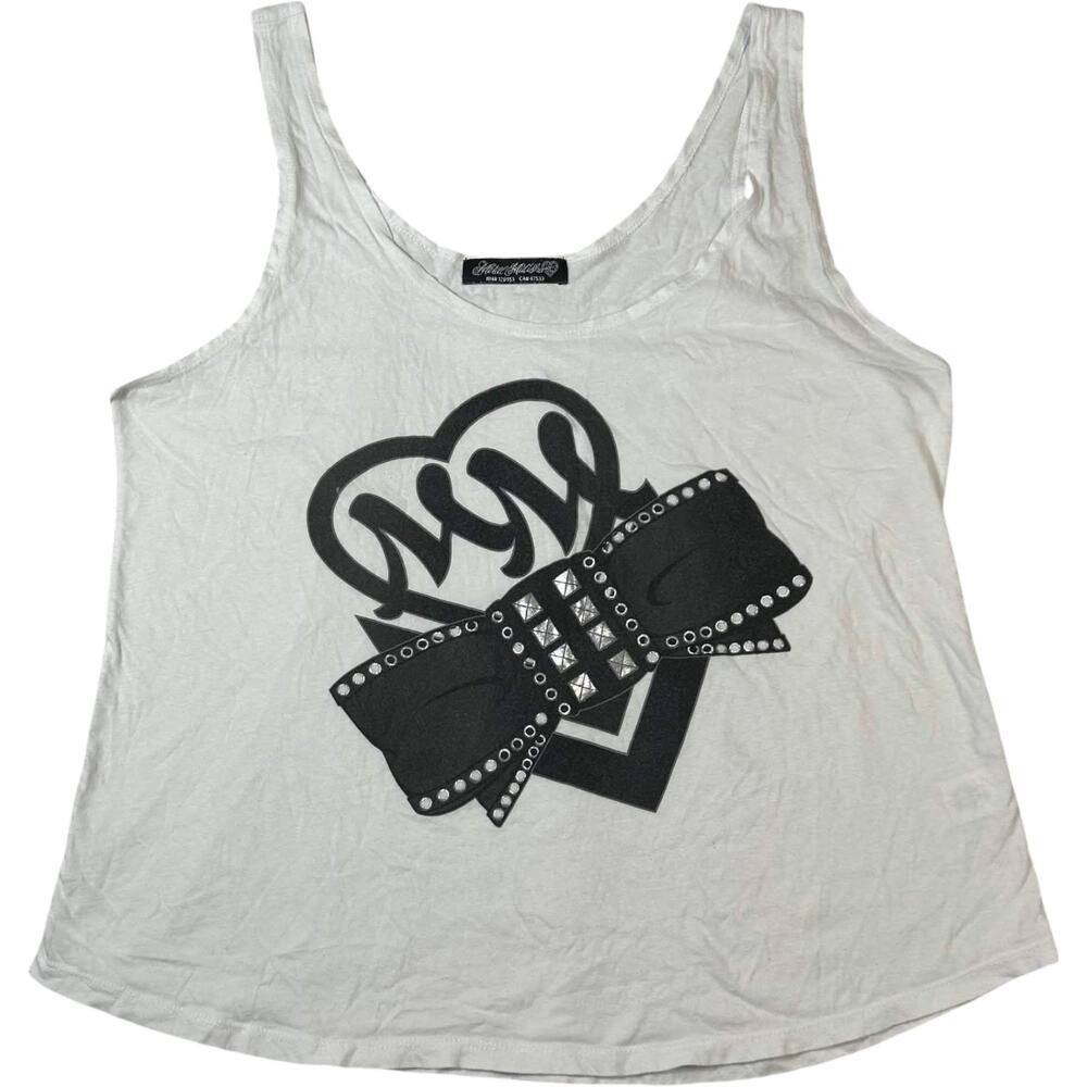 Y2K Metal Mulisha White Tank Ribbon Heart Women's XL Moto Grunge Goth McBling